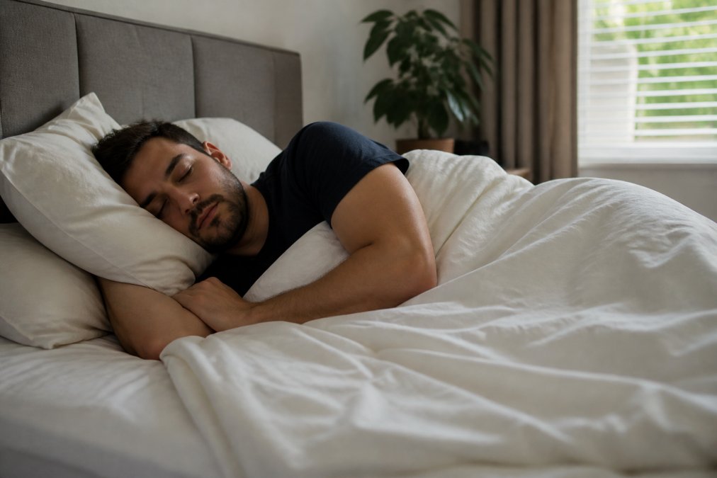 Athlete resting peacefully in a well-organized bedroom with soft natural lighting, comfortable bedding, and minimal distractions