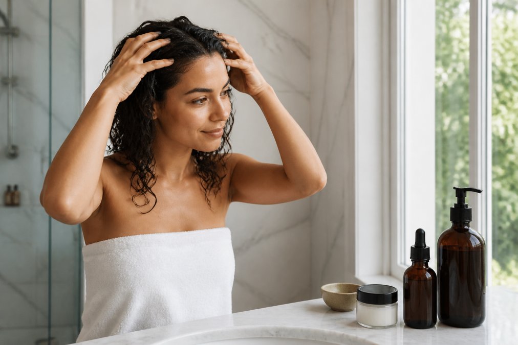 Woman with damp hair gently massaging her scalp with fingertips in a bright, modern bathroom, natural light, calm and focused expression, bottles of natural hair products on the counter