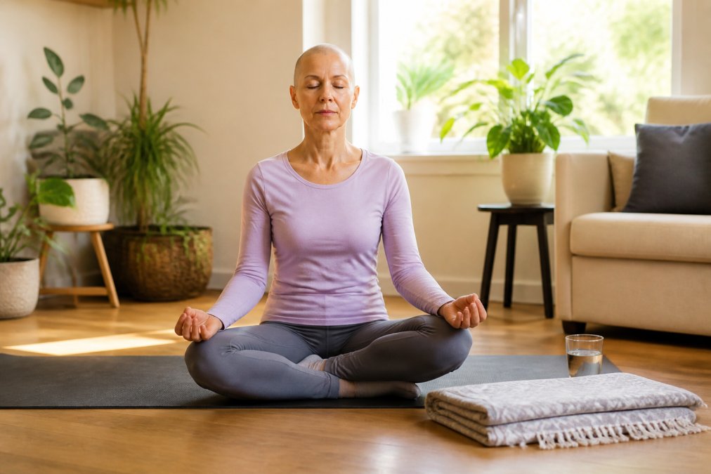 Cancer patient practicing yoga in a sunlit room for holistic support for cancer patients and fatigue relief.