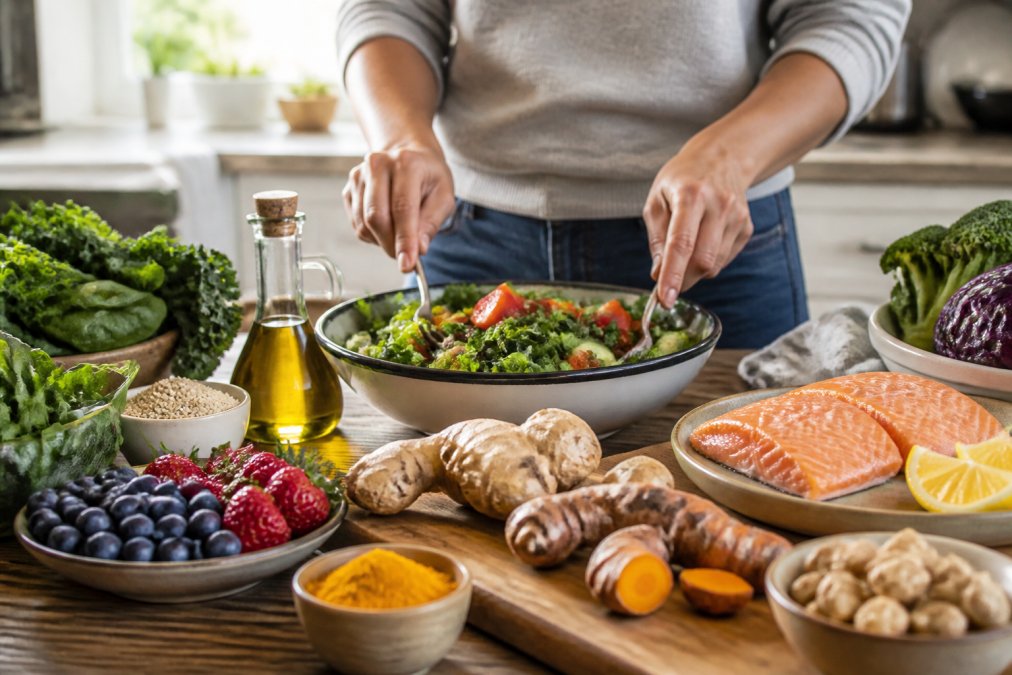 A bright kitchen counter with fresh anti-inflammatory foods including leafy greens, berries, salmon, turmeric root, and olive oil, with a person's hands preparing a colorful meal in natural daylight