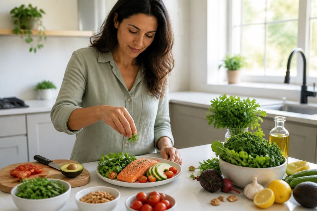 A woman in her late 30s preparing a colorful anti-inflammatory meal with fresh salmon fillet, vibrant leafy greens, cherry tomatoes, and sliced avocado on a bright white kitchen counter, warm natural light streaming in from a nearby window