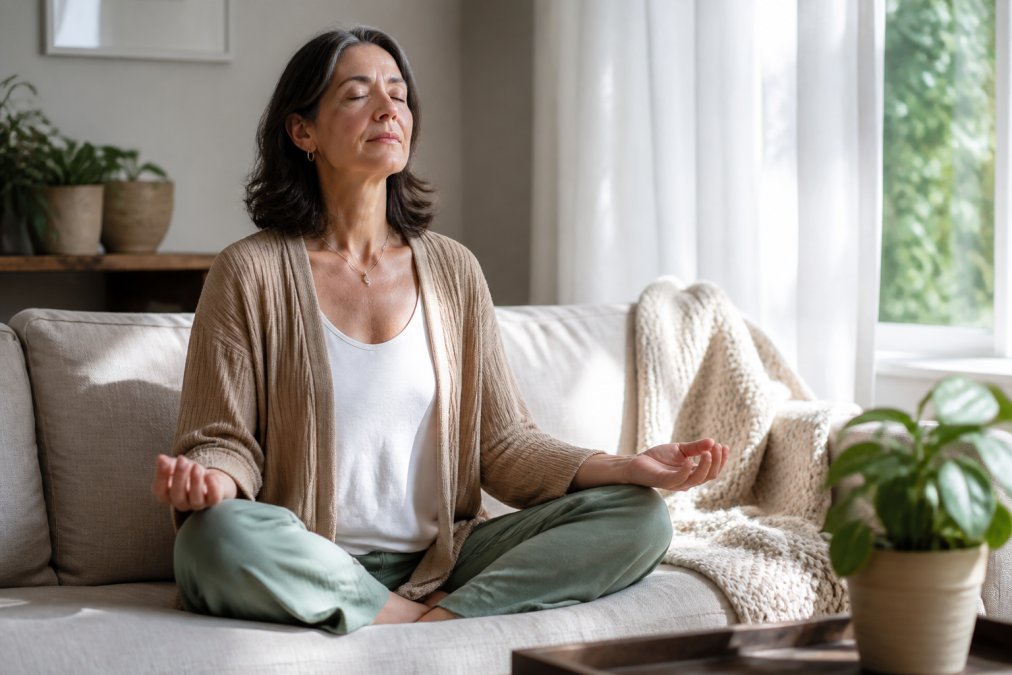 A woman in her mid-40s sitting cross-legged on a light beige sofa in a sun-filled living room, eyes gently closed, hands resting palms-up on her knees, practicing mindful breathing, soft morning light filtering through sheer white curtains