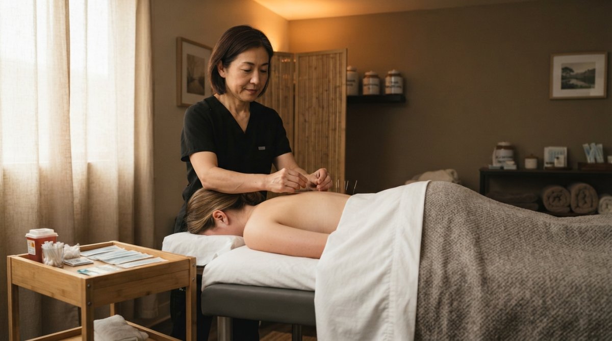 Licensed acupuncturist performing treatment on patient lying face-down on treatment table in calm, minimally lit wellness clinic with soft amber lighting and clean linens