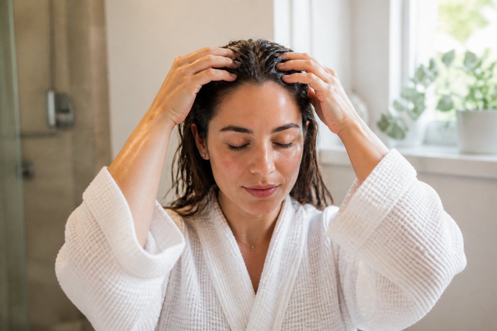 A woman with her eyes closed, gently pressing her fingertips into her scalp to apply a clear natural gel, soft morning light in a bright calm bathroom