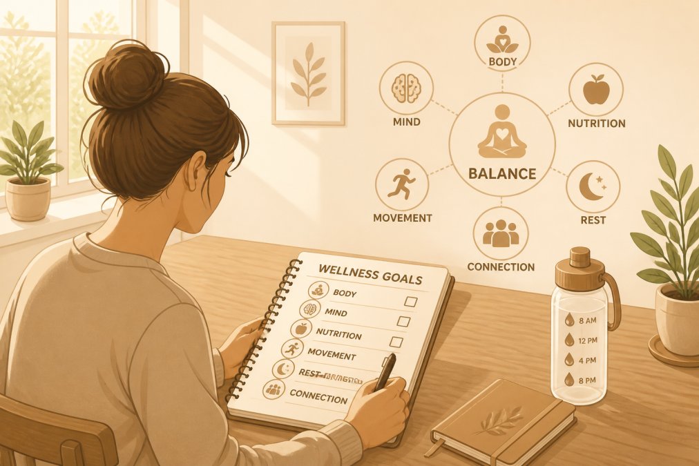 Person sitting at a wooden table with a notebook, pen, and water bottle, writing down wellness goals with natural morning light streaming through a nearby window