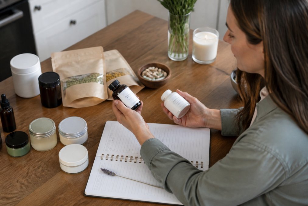Overhead view of someone holding and examining various wellness product containers, supplement bottles, skincare jars, natural ingredient packets, while reviewing a checklist in a wellness journal on a clean workspace