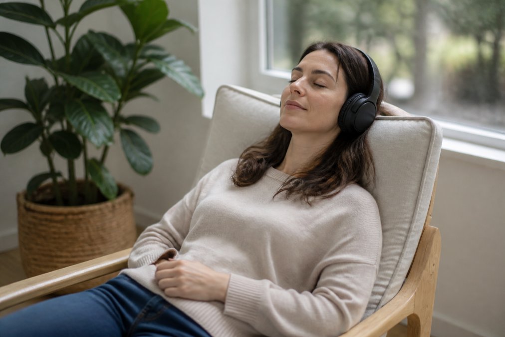 Person sitting comfortably in a calm, naturally lit space with soft furnishings, appearing relaxed and at ease, listening to audio guidance through headphones