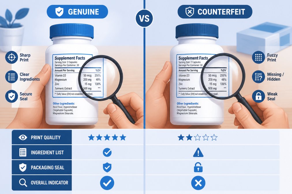 Close-up of hands examining supplement bottles side by side on a wooden table, comparing label printing quality, ingredient lists, and packaging details under bright natural light