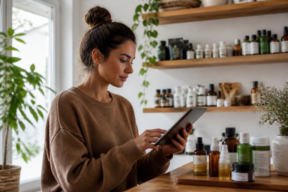 Person browsing wellness products on a tablet in a calm, minimalist home environment with natural light, surrounded by bottles of supplements and skincare products on shelves