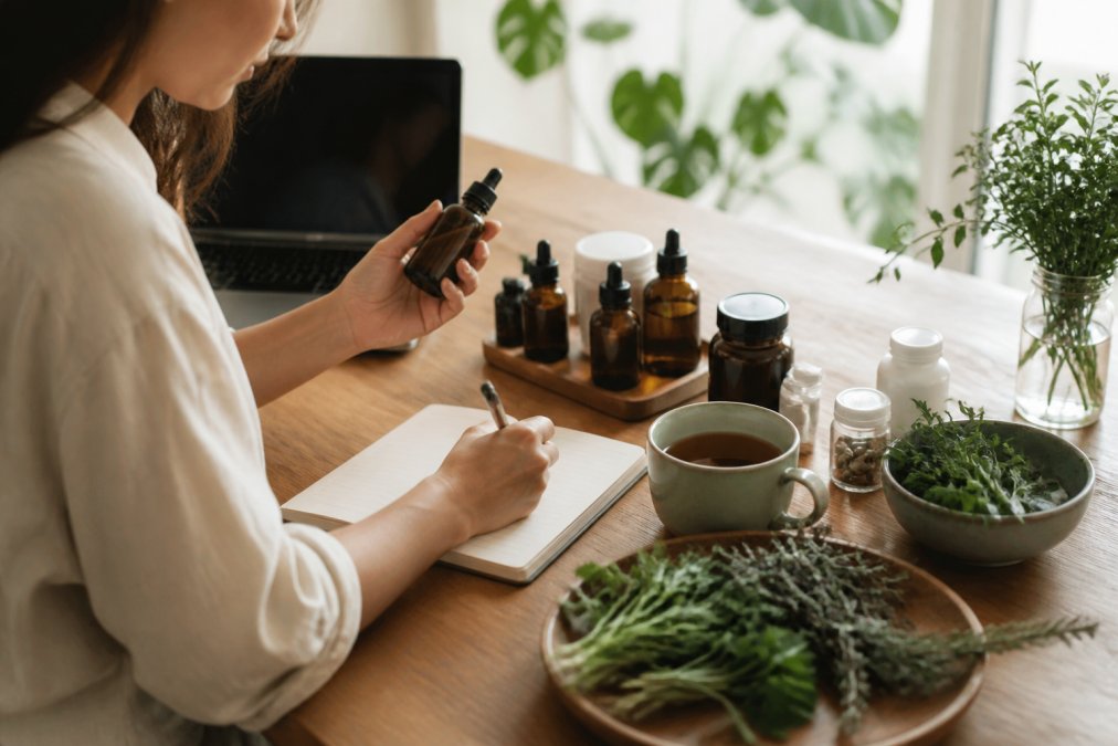 Person sitting at a wooden desk with a laptop, reviewing wellness products and handwriting notes in a journal, surrounded by glass bottles of tinctures, a ceramic mug of tea, and fresh herbs in natural afternoon light
