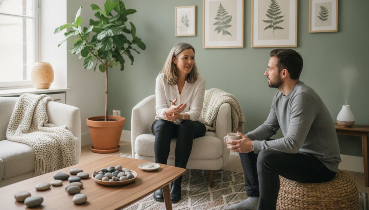 Een therapeut in een warme, rustgevende praktijkruimte met natuurlijk licht voert een diep gesprek met een patiënt, beide zitten comfortabel in fauteuils met een kopje thee