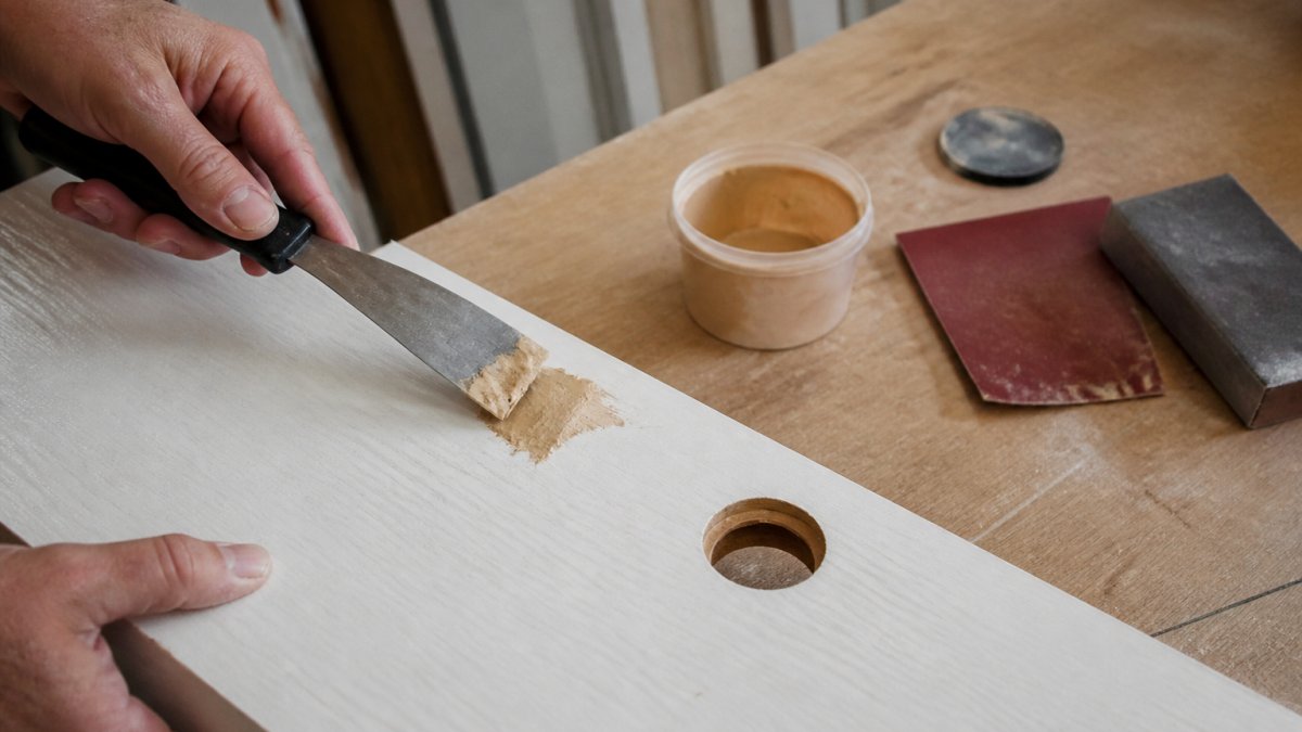 Close-up of hands using a putty knife to apply wood filler into a hole in a hollow core door, with sandpaper and repair materials visible on a work surface