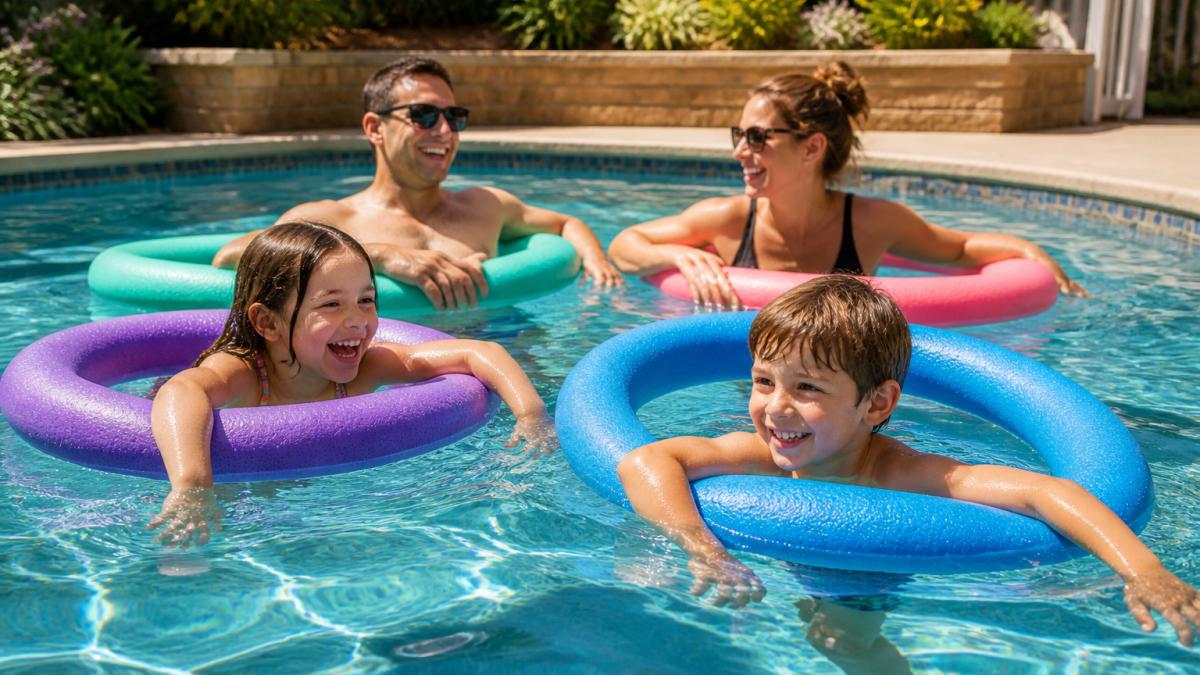 Family enjoying a sunny pool day with oversized jumbo noodles, adults and children lounging and playing in water, bright afternoon lighting