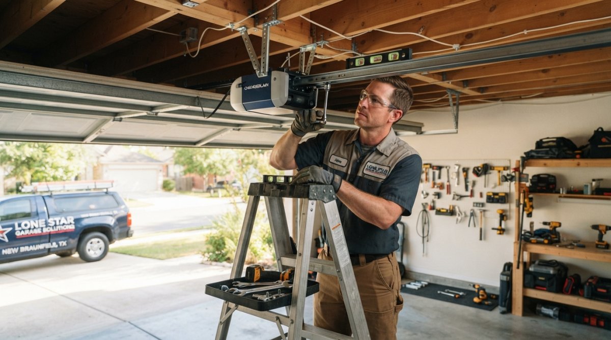 Professional technician carefully installing new garage door opener on residential garage with proper mounting hardware and alignment tools visible, bright natural lighting from garage opening