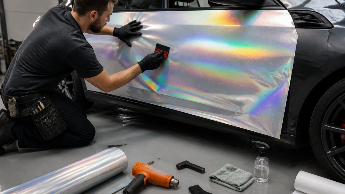 A sign maker wearing gloves applying holographic vinyl to a car door panel with a felt-edge squeegee, working from the centre outwards on a bright workshop floor