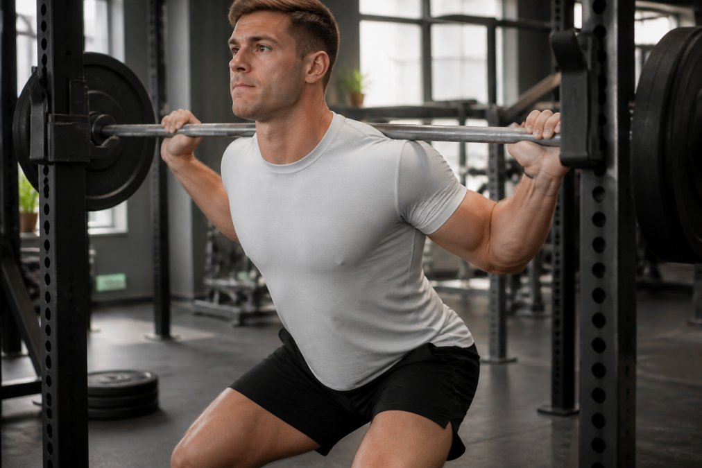 Athlete wearing fitted gym shirt during barbell squat, demonstrating how fabric moves and stretches during heavy lifting, with natural gym lighting