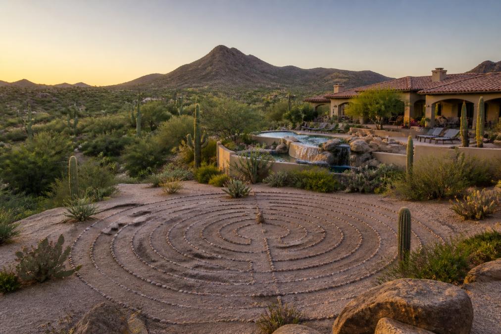 A serene desert villa with a pool and waterfall surrounded by Sonoran Desert landscape at golden hour, with a natural labyrinth visible in the foreground and Sunrise Mountain rising in the background