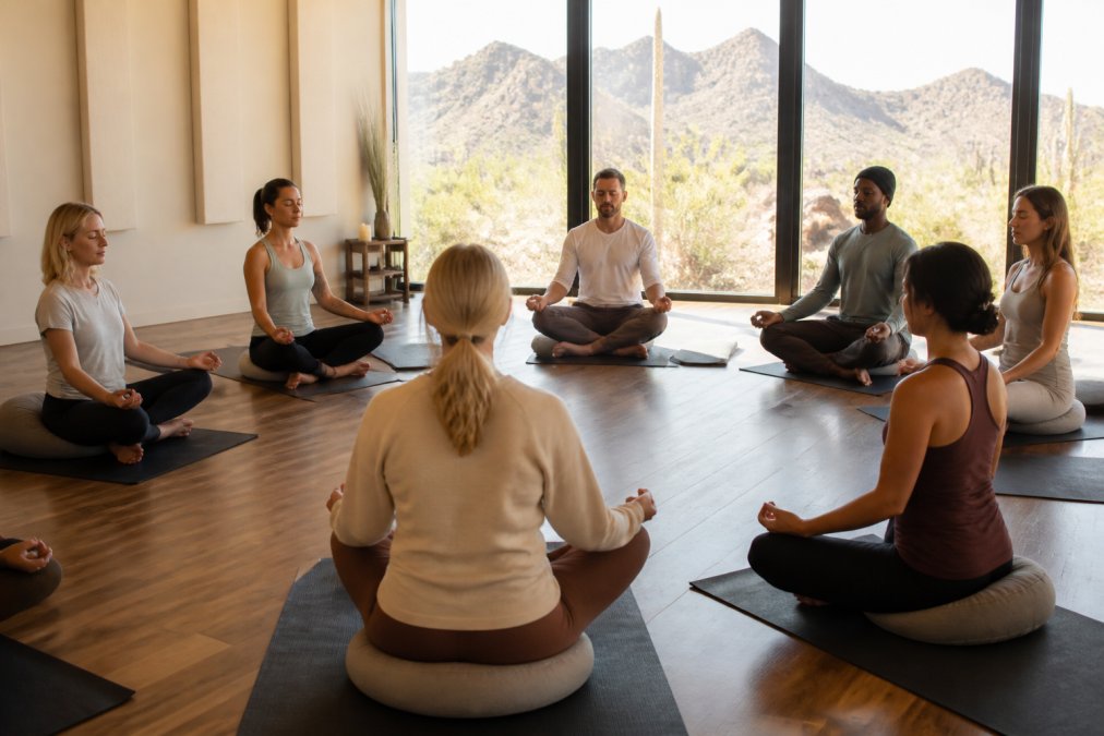 A small group of adults seated in a circle on yoga mats in a sunlit studio, eyes closed in guided meditation, with desert mountain views through large windows