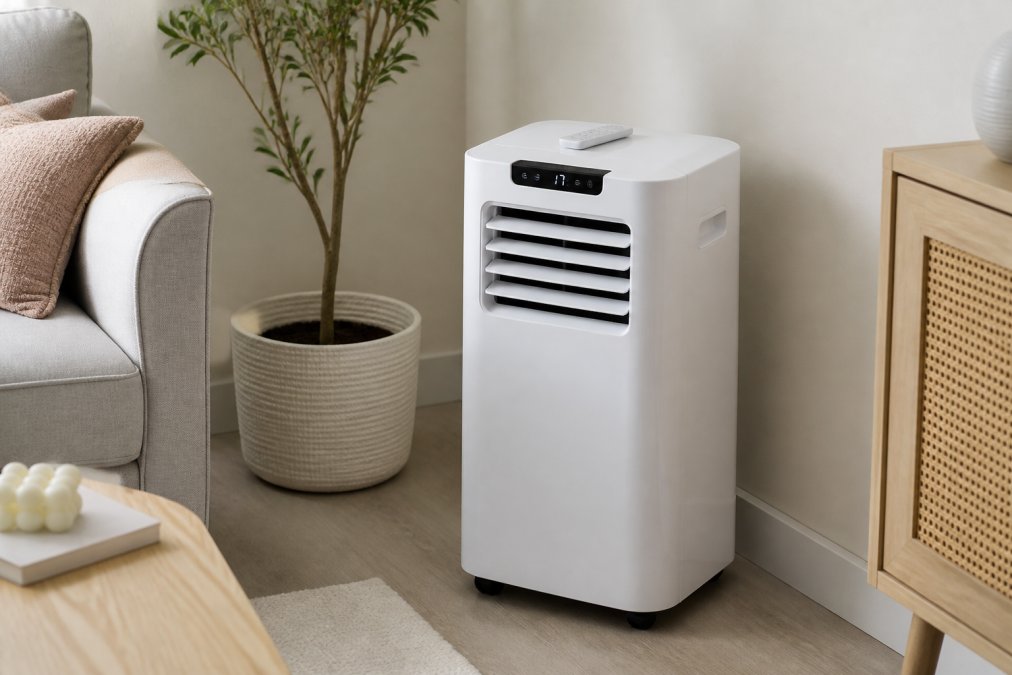 The HOMCOM 10000 BTU portable air conditioner on castor wheels in a bright modern living room, remote control resting on top, digital display glowing, white unit against a neutral wall