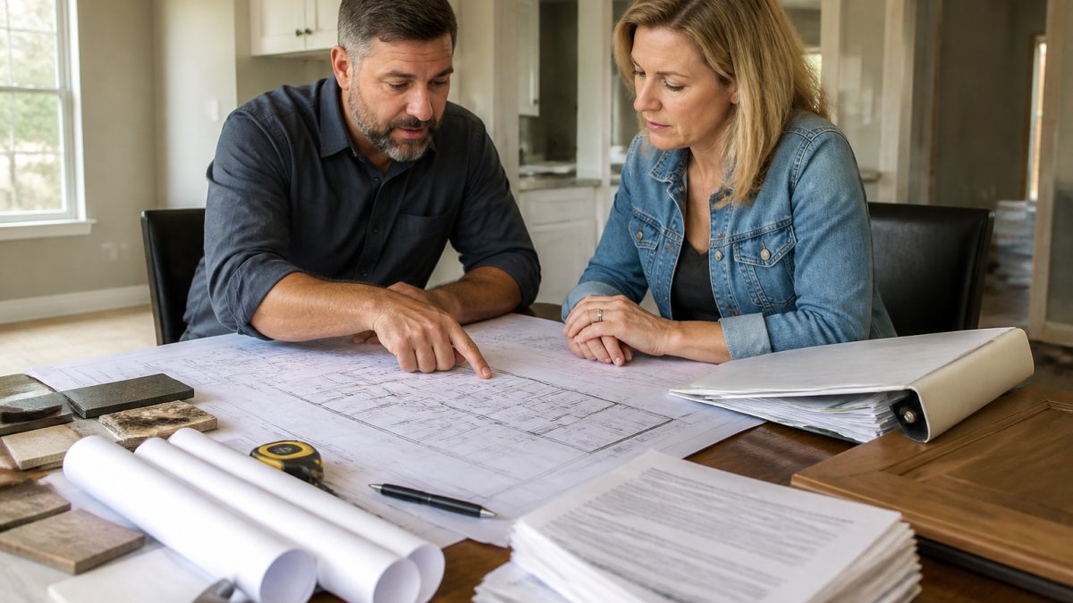 Professional contractor and homeowner reviewing architectural blueprints and construction plans together at a desk covered with building permits and design documents