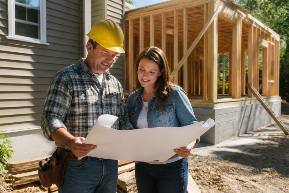 A project manager in a hard hat reviewing blueprints with a homeowner at a residential construction site, showing the framed structure of a new addition in the background