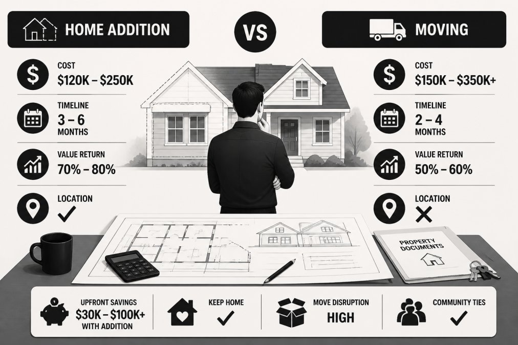 Homeowner standing in front of their house, looking thoughtfully at architectural plans spread across a table with construction sketches, a calculator, and property documents visible in natural daylight