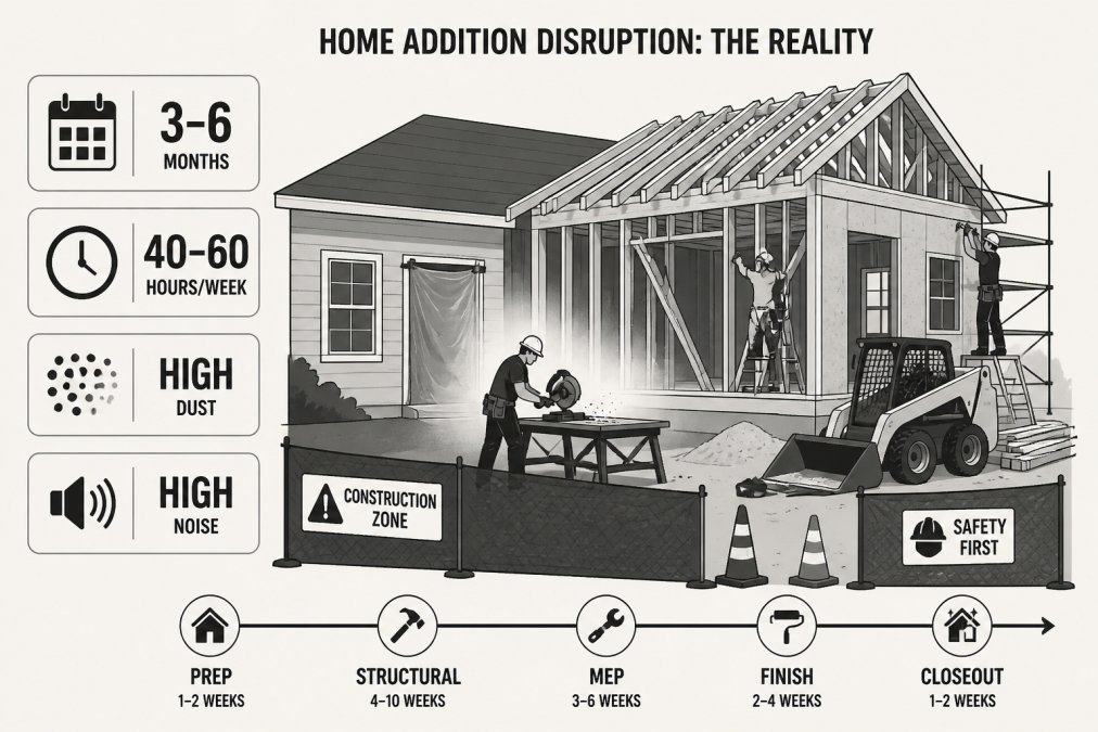 Active construction site with workers, equipment, and safety barriers showing dust, ongoing structural work, and the reality of home renovation disruption with natural outdoor lighting