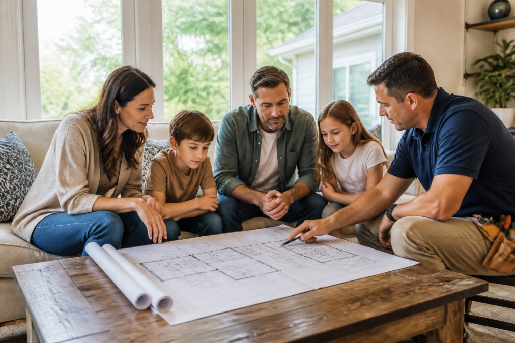 Family reviewing home additions floor plans with a contractor in a bright living room layout guide