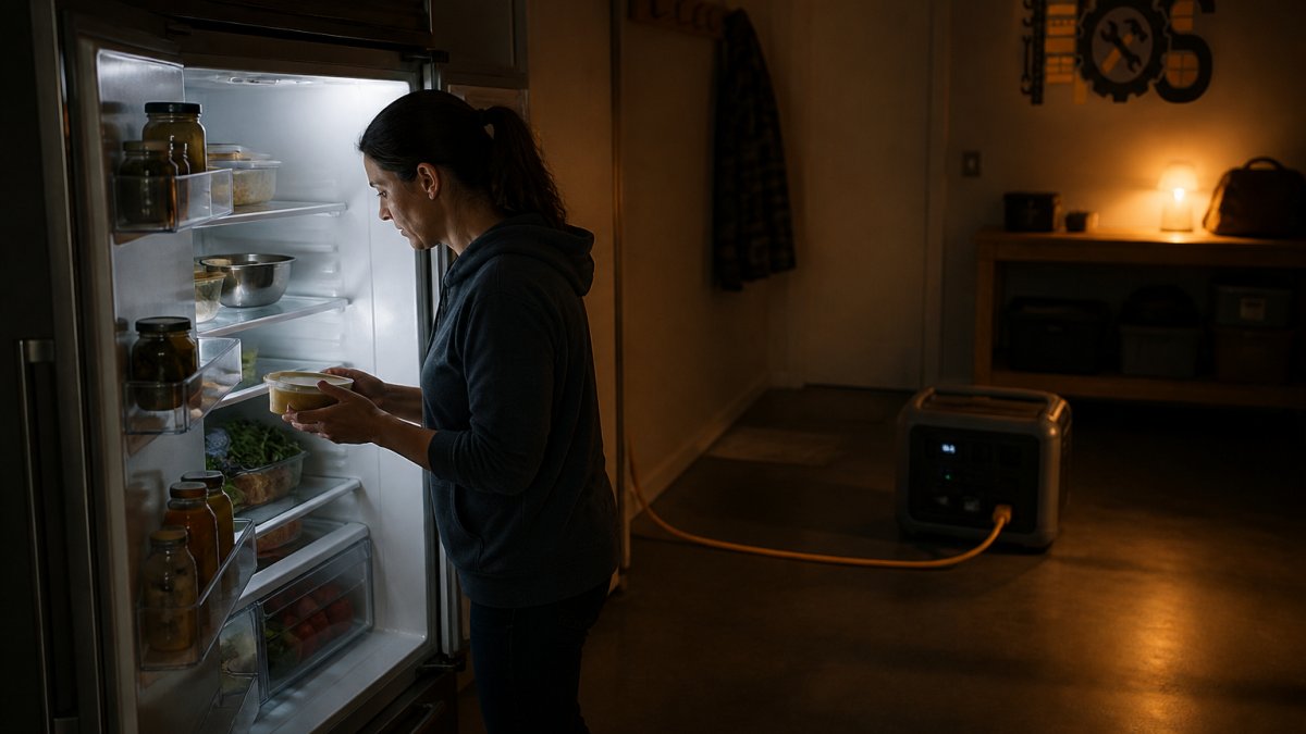 Homeowner checking food inside an open refrigerator during a power outage, with a portable power station visible in the background connected via extension cord