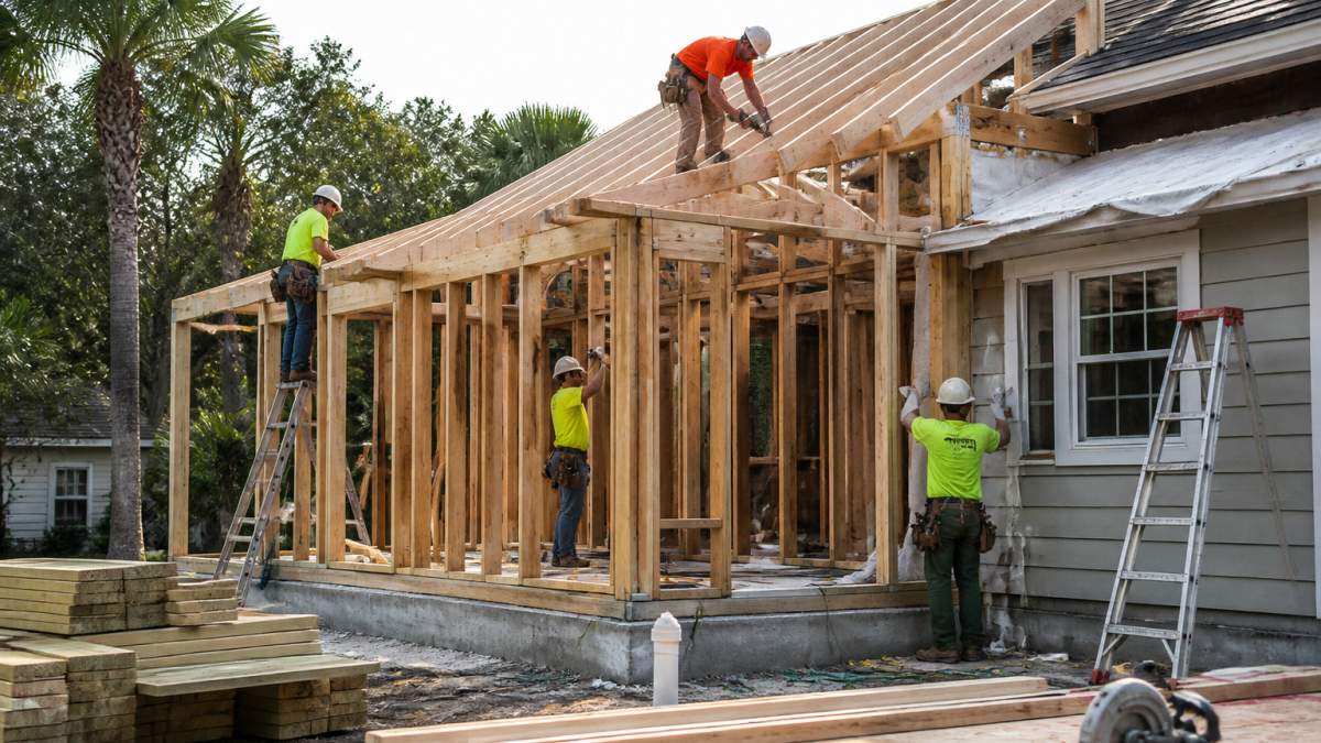 Professional construction crew working on residential home frame with safety equipment, new framing visible alongside original structure in natural daylight