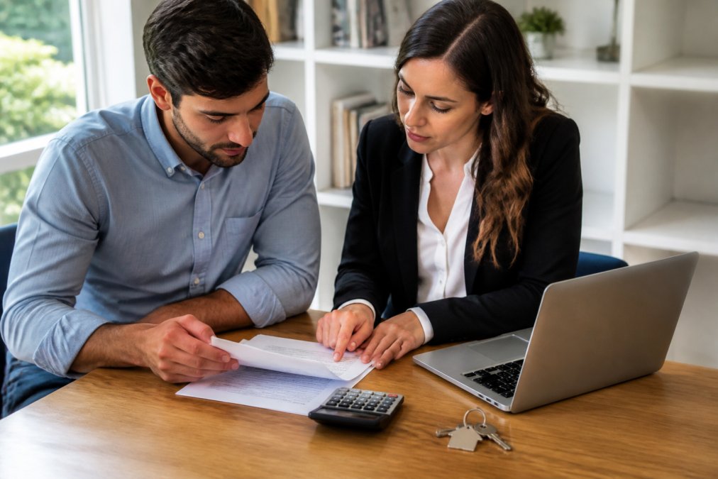 First-time home buyer and real estate agent reviewing mortgage pre-approval documents and paperwork at a desk in a bright office, with a laptop, calculator, and house keys visible