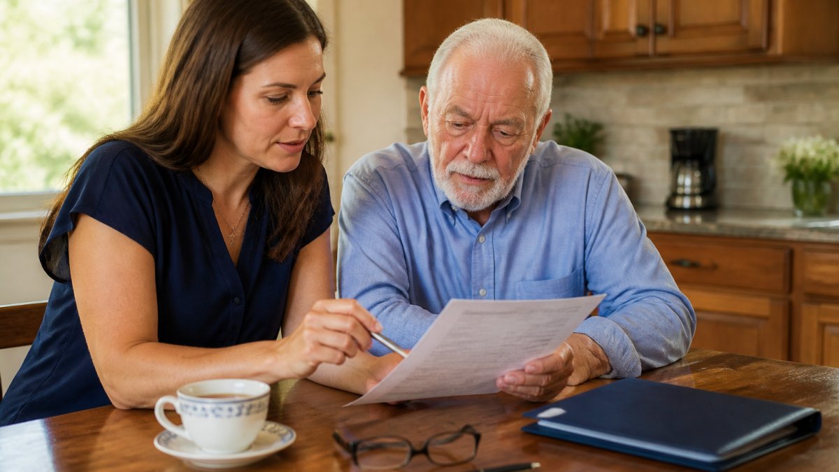 Daughter and father reviewing a home care agency contract at a table with a caregiver folder and tea