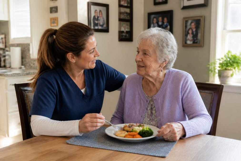 Caregiver sitting beside elderly woman with gray hair at kitchen table, gently assisting with a meal while maintaining warm eye contact, natural sunlight streaming through window, home kitchen setting with family photos on walls