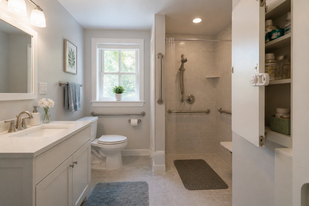 Bright bathroom interior showing grab bars mounted beside toilet and in tiled shower area, non-slip bath mat, clear pathways, adequate lighting from overhead fixture and window, organized medicine cabinet with safety locks visible