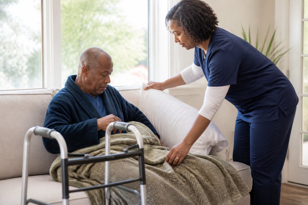 Compassionate caregiver helping an older adult settle on a sofa for home care recovery after surgery