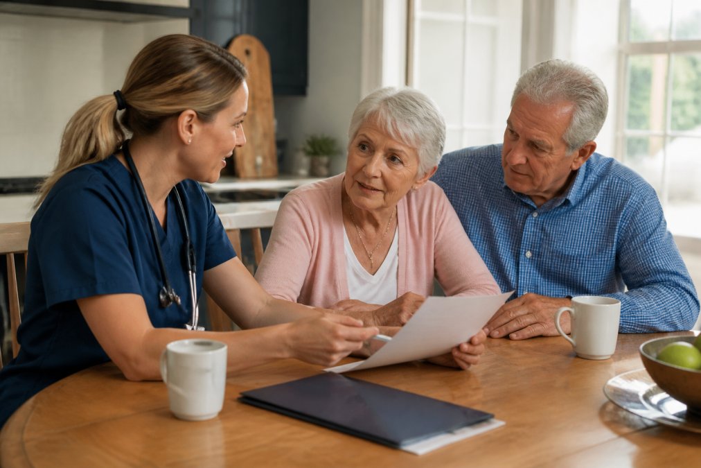 Home Care vs Hospice: Key Differences Explained 1 Infographic comparing home care vs hospice goals and care plans with a nurse consulting a family at home