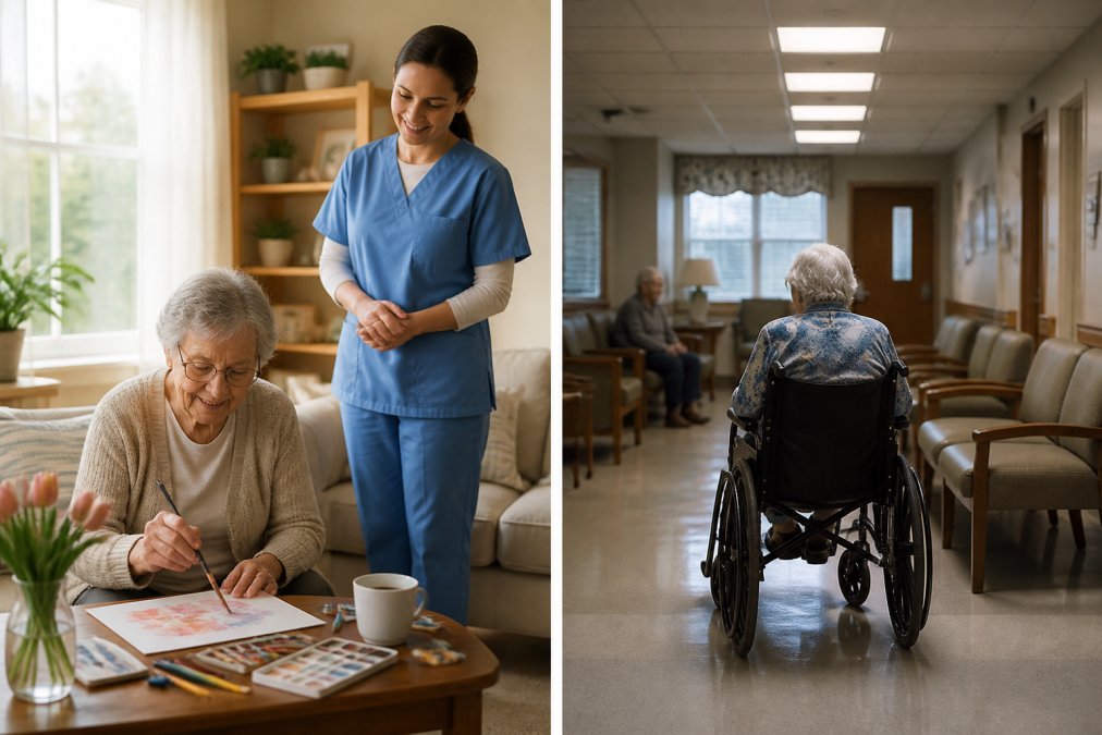 Senior adult engaged in a hobby at home, appearing content and independent while a compassionate caregiver provides discreet support nearby in a bright, comfortable living room