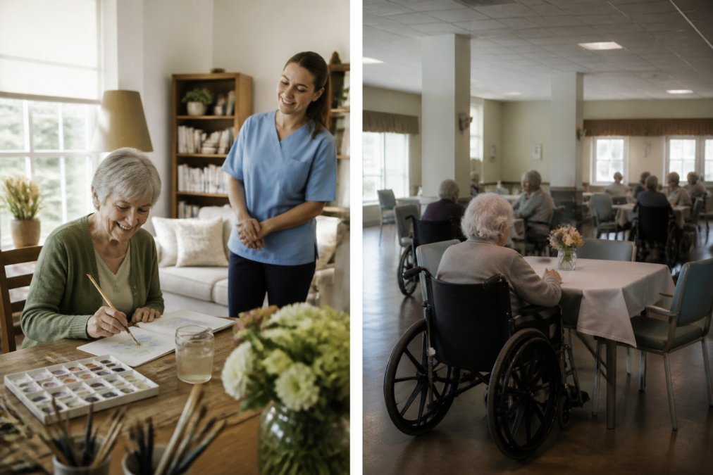 Side-by-side comparison of Senior for home care vs nursing home costs