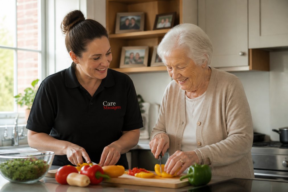 A care assistant helping an older person prepare a nutritious meal together in a bright, comfortable home kitchen, with natural light streaming through windows and personal family photos visible on shelves