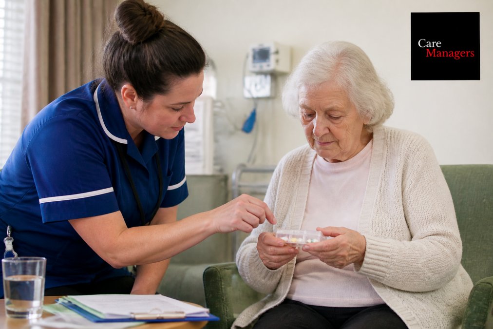 A qualified nurse in professional uniform assisting a resident with medication management in a bright, modern nursing home environment, with medical equipment and care charts visible in the background
