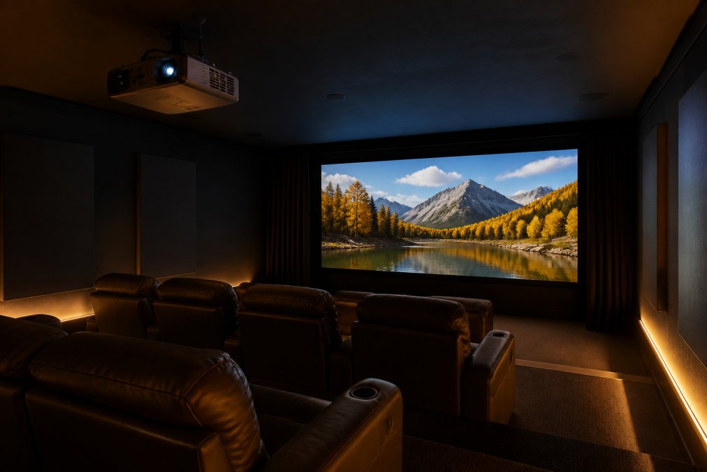 A darkened home cinema room with a large 4K image projected onto a wall-mounted screen, two rows of plush recliner seats visible in the foreground, warm amber LED strip lighting along the lower side walls, and a ceiling-mounted projector casting a clean, bright beam