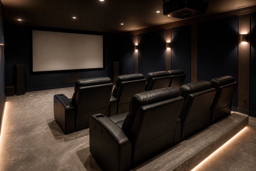A well-appointed home theater room with two rows of dark leather power recliner seats, the back row elevated on a low carpeted platform, soft aisle LED lighting at floor level along both sides, and a large projection screen filling the front wall