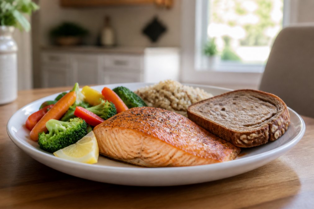 Infographic illustrating balanced nutritional components for home-cooked meals seniors need, featuring salmon and vegetables.
