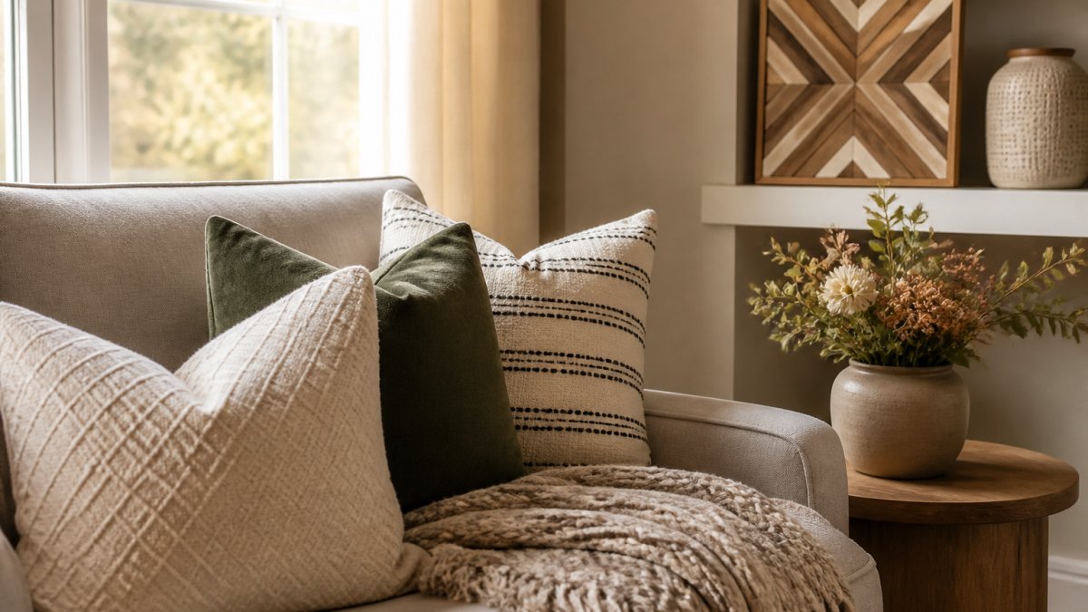 Diagram illustrating the step-by-step process for styling living room pillows and accessories