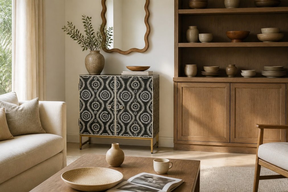 A beautifully curated living room interior featuring a sculptural wood sideboard, organic wave-silhouette wall mirror, and artisan dinnerware displayed on open shelving, bathed in natural afternoon light with neutral linen textiles and warm wood tones
