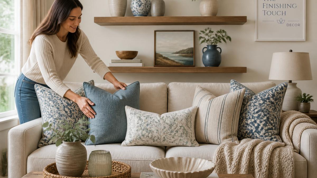 Styled living room featuring coordinated throw pillows in complementary patterns, decorative vases on floating shelves, and a cozy throw blanket draped over a neutral sofa, showing how clearance home decor items work together harmoniously