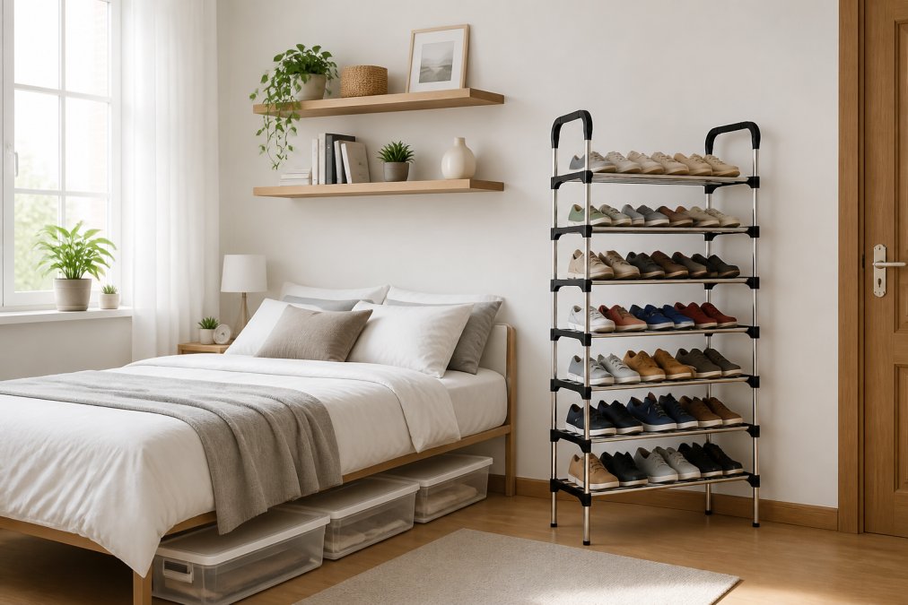 Compact apartment bedroom with wall-mounted floating shelves, a vertical 7-tier shoe rack in corner, under-bed storage containers, and minimalist decor arranged to maximize floor space with natural window light