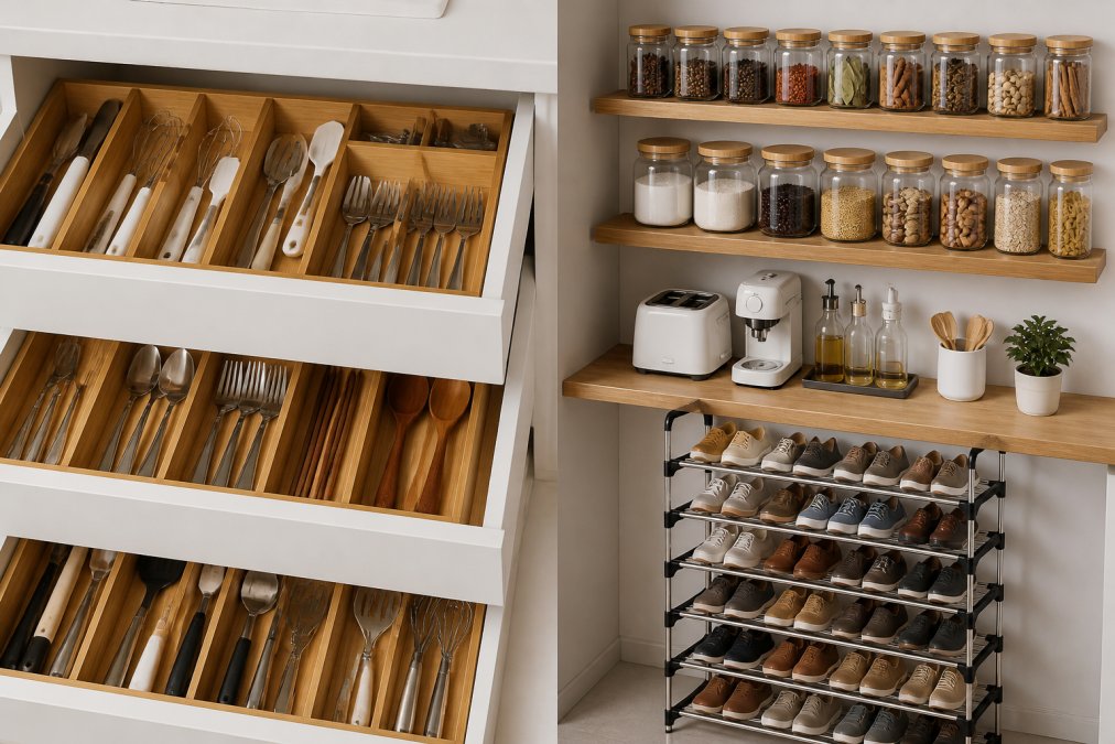 Close-up of organized kitchen drawers with bamboo dividers holding neatly arranged utensils, and wall-mounted shelves with labeled storage containers holding spices, small appliances, and bathroom toiletries in clear jars