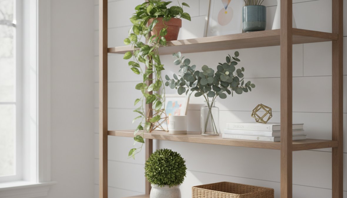 Gallery wall arrangement featuring a mix of framed artwork, botanical prints, and a decorative mirror in varying frame styles against a soft gray wall with warm natural lighting