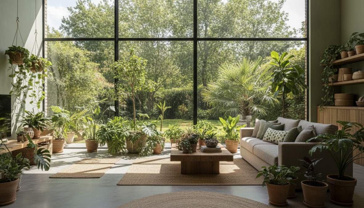 Bright modern living room with lush indoor plants, natural wood furniture, and soft daylight streaming through large windows, creating a warm sanctuary atmosphere